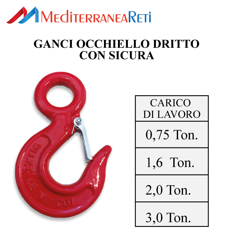 Ganci con occhiello dritto con sicura - Hooks with rigid eyelet